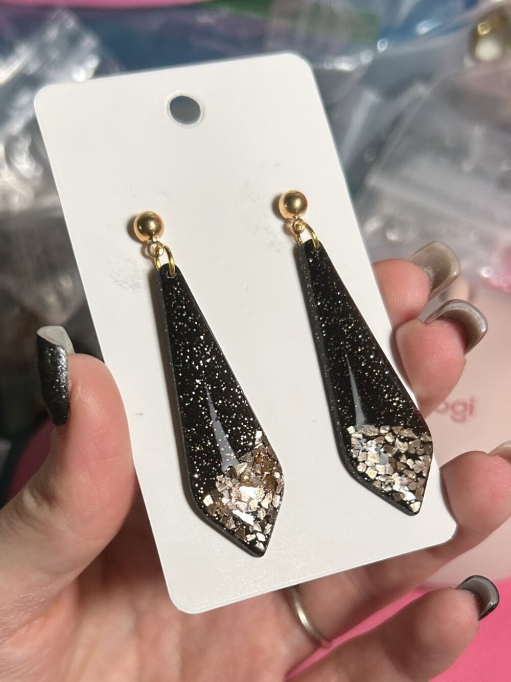 Black Shimmer Resin Tapered Drop Earrings Gold Flake Inlay NWT $26.50